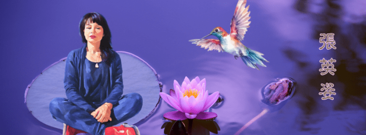 Genevieve Cheung in blue meditative posture on a lotus pad over purple water, with a multicolored hummingbird and Chinese calligraphy.