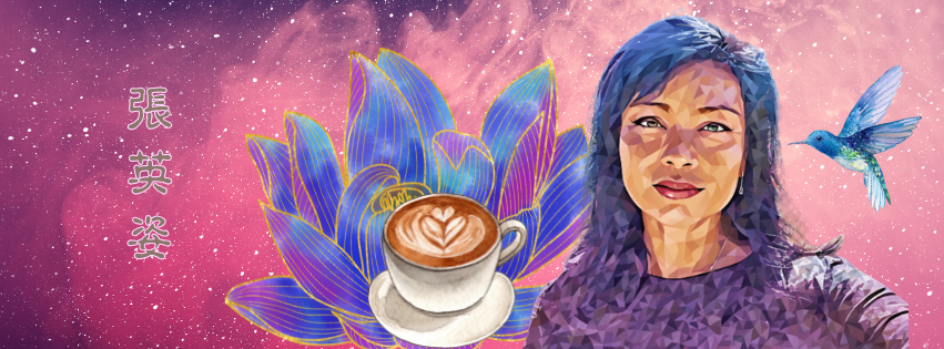 Woman (Geneveive Cheung) with polygon-style digital effects, next to a latte and glowing lotus over a pink-purple galactic background, with a small hummingbird nearby.