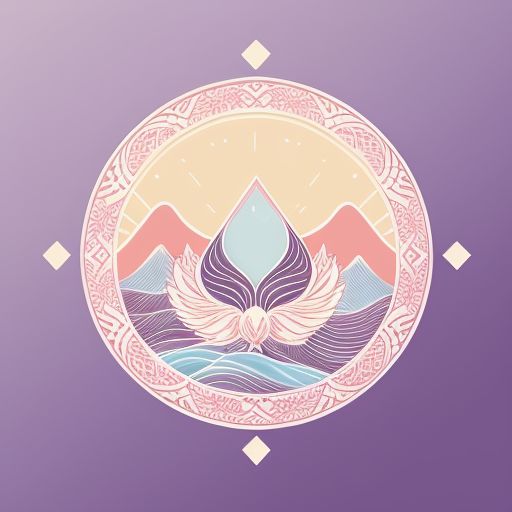 Sacred cosmic mandala with a winged lotus at the center, surrounded by mountains and radiant lines on a violet background
