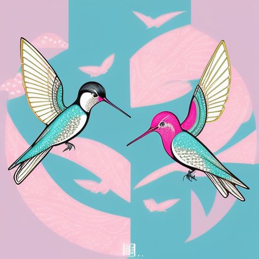 Two colorful hummingbirds facing each other mid-flight, set against a violet and pink background with symbolic curves and wing shapes