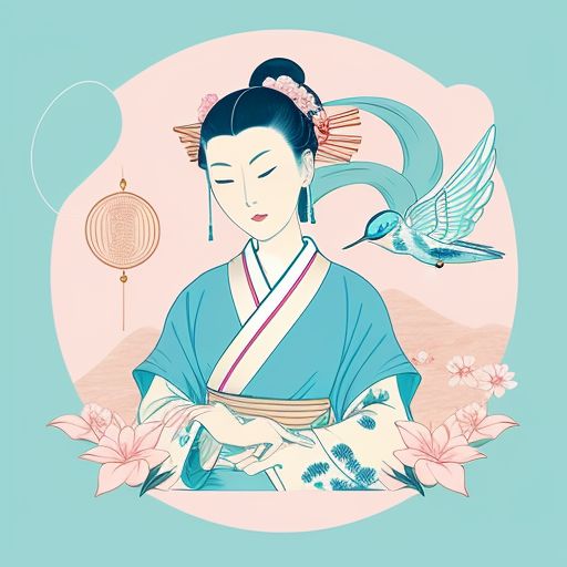Elegant woman in traditional robe holding a book, surrounded by lotus flowers and a flying hummingbird, in a serene pastel landscape