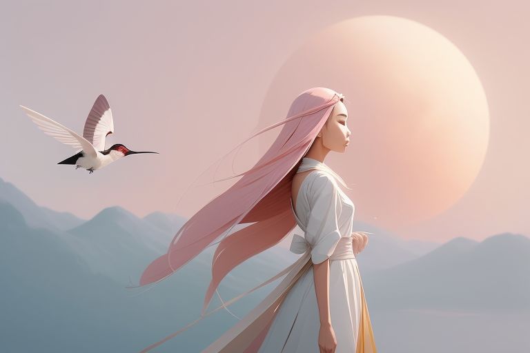 Serene young woman with flowing pink hair stands before a setting sun, with a hummingbird flying beside her over misty mountains