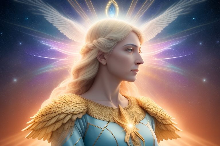 Angelic woman in golden light armor with glowing wings, surrounded by radiant cosmic energy