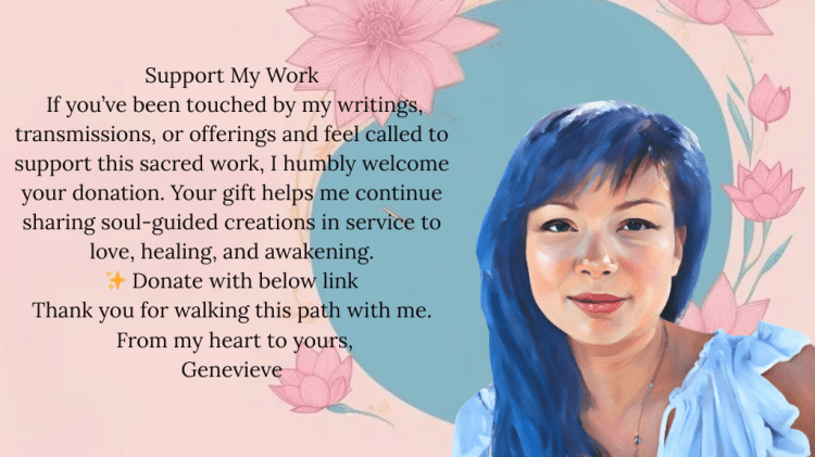Portrait of Genevieve Cheung with blue hair and floral background, alongside a support message for donations