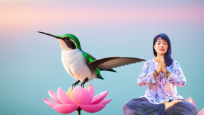 Spiritual woman in meditation beside a hummingbird on a lotus flower, set against a pastel sky background.