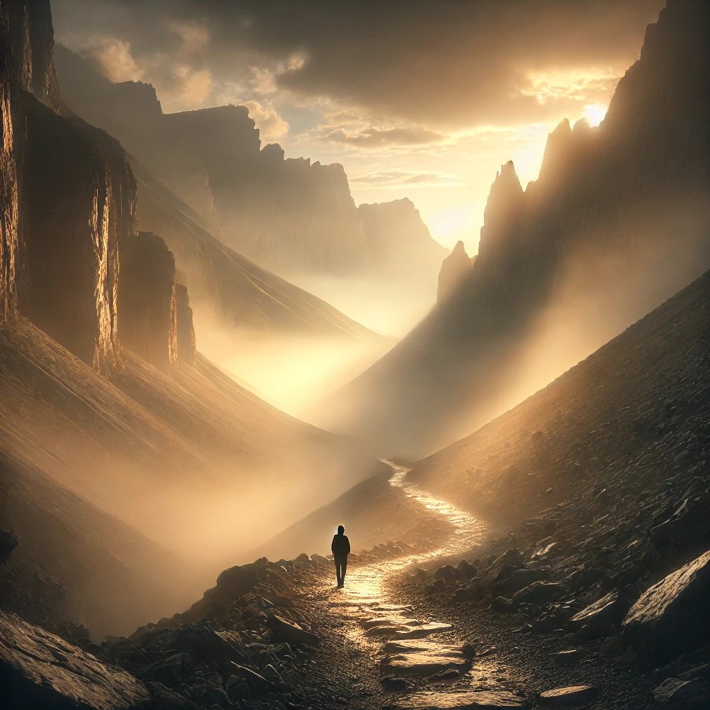 An ethereal album cover showing a distant figure walking across a misty path surrounded by ancient trees, symbolizing the soul’s return journey inward.