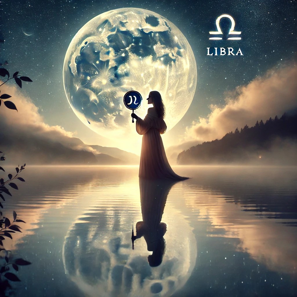 A full moon in Libra glows above a tranquil lake, mirrored in the water. A feminine silhouette holds a mirror toward the moon under a starlit, foggy night.