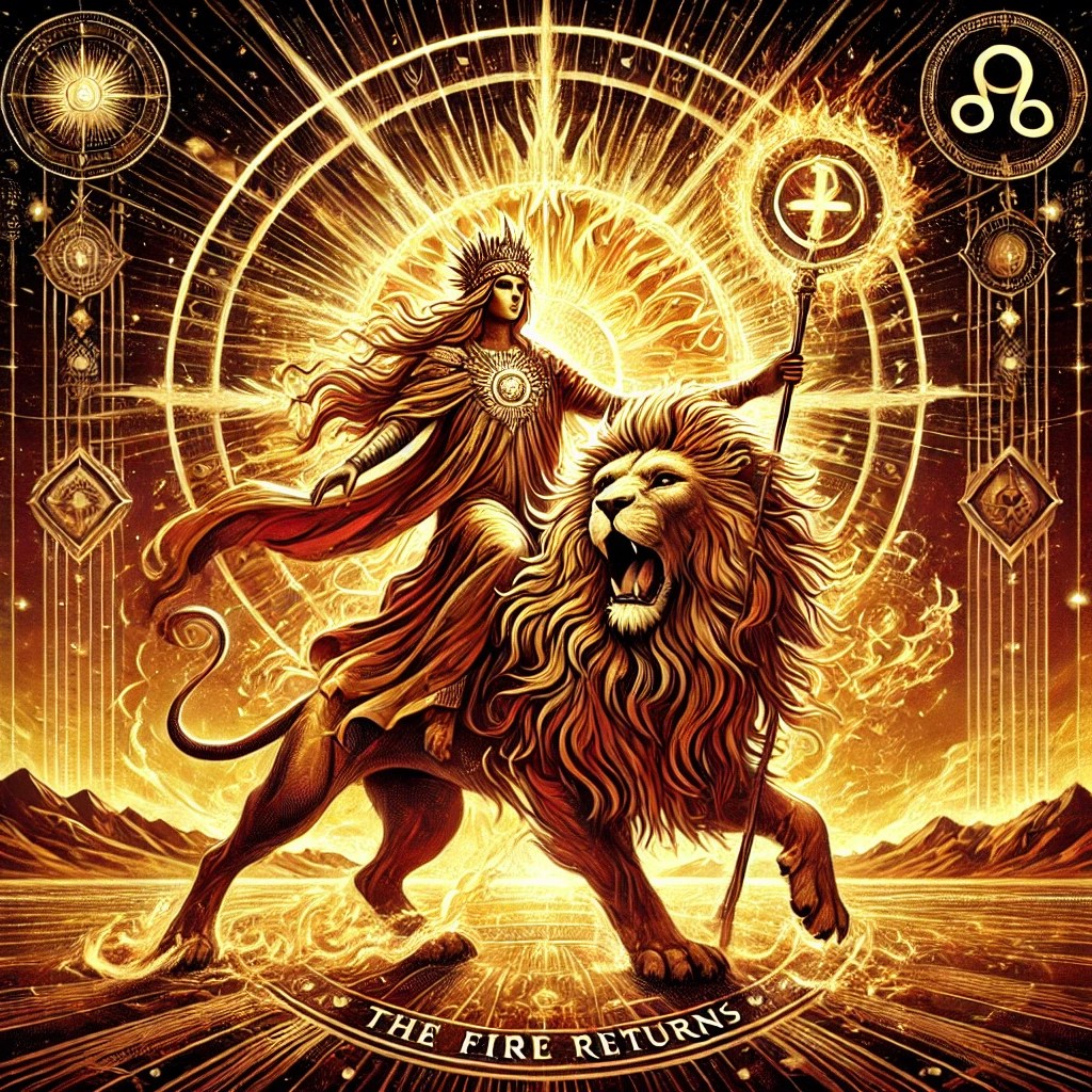 A radiant golden lion made of flames roars under a blazing sun, with a divine figure riding it and holding a Mars staff. The background is a celestial desert with sacred solar patterns in the sky. The scene glows with regal and powerful energy.
