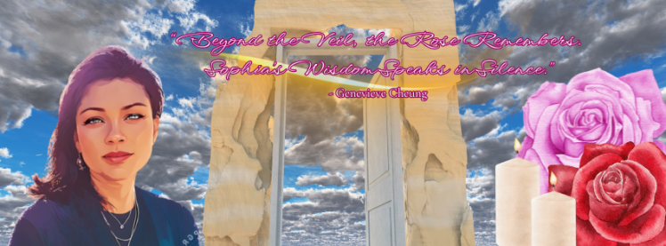A stylized digital artwork of Genevieve Cheung standing beside a celestial stone portal beneath a radiant sky. A soft cluster of candles and blooming roses rests at the base of the portal. Overhead, the quote reads: “Beyond the Veil, the Rose Remembers. Sophia’s Wisdom Speaks in Silence.”