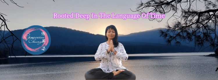 Genevieve Cheung sitting in meditation by a calm lake at dusk with mountains in the background and the words “Rooted Deep in the Language of Time.”