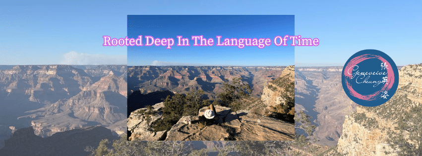 Genevieve Cheung sitting at the edge of the Grand Canyon, overlooking vast canyon landscapes under a clear blue sky, reflecting stillness, time, and presence.