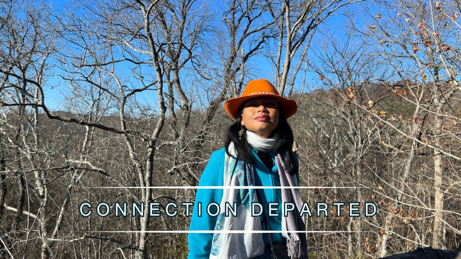Woman standing outdoors among bare trees under a blue sky with the words “Connection Departed,” symbolizing closure, independence, and emotional clarity.