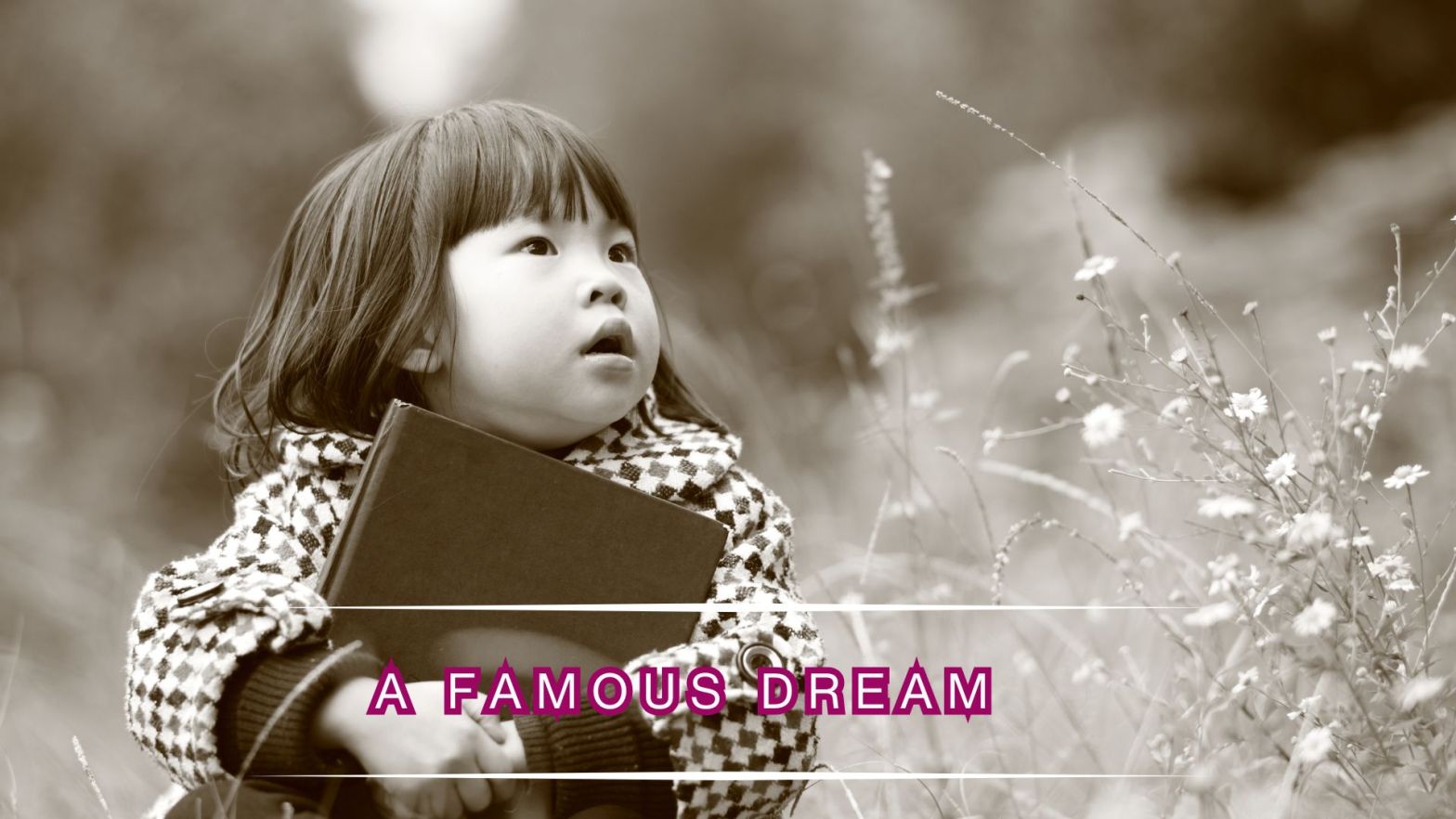 Young child holding a book and looking upward thoughtfully in a quiet natural setting, symbolizing childhood dreams and the longing to be seen.