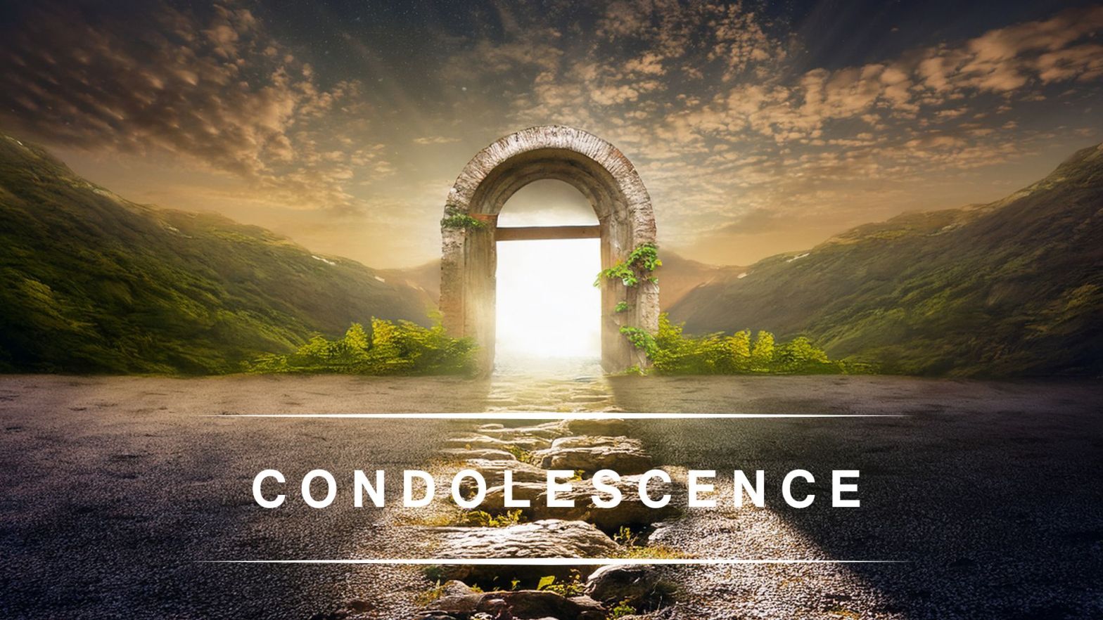 Stone arch doorway opening into radiant light between two green valleys under a golden sky, symbolizing transition, closure, and compassion.
