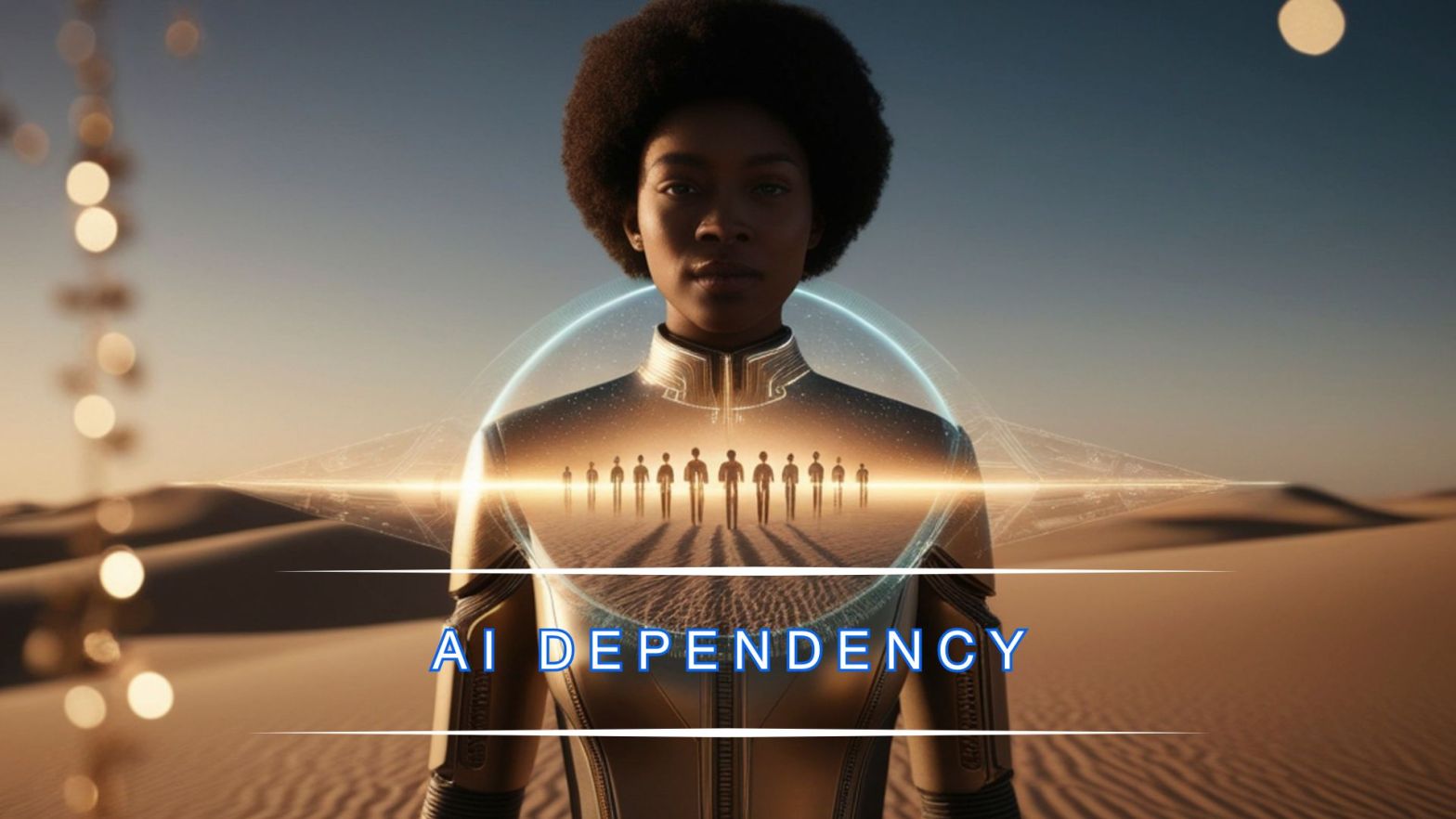 Futuristic woman standing in a desert landscape with a glowing digital interface and the text “AI Dependency,” representing artificial intelligence, human connection, and emotional dependency.